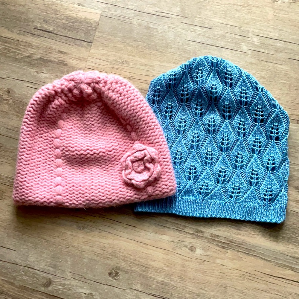 Two Knit Beanie Caps Blue & Pink